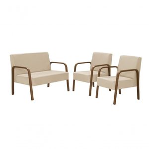 Conjunto Jade Braço Madeira Suede Bege