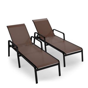 Kit 2 Espreguiçadeira Piscina Alumínio Preto Tela Marrom