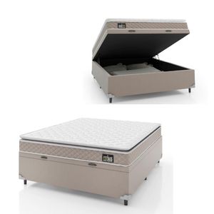 Cama Box Baú Casal Colchão D45 Com Pillow Top Hellen Strong Bege 138x188x65cm Suporta Até 150kg Bege