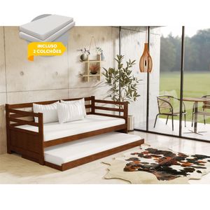 Sofá Cama Rústico Madeira Maciça Enjoy Com Auxiliar E 2 Colchões - Castanho - Cor: Marrom