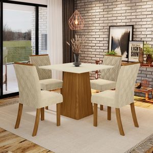 Conjunto Sala De Jantar Tampo Mdf Canto Reto 90 Cm 04 Cadeiras Kalyna Henn Nature Com Off White E Linho