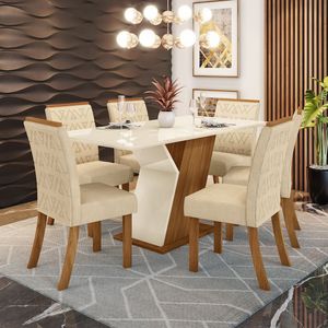Mesa De Jantar Com 06 Cadeiras Mdf 160cm Off White E Linho