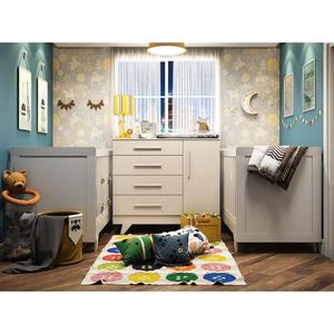 Quarto Infantil Para Gêmeos Com 2 Berços Retrô Minicama E Cômoda Com 4 Gavetas Retrô Peroba Branco