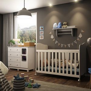 Quarto Infantil Em Mdf Com Cômoda 4 Gavetas 1 Porta, Berço Americano Uli E Prateleira Peroba Branco