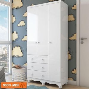 Guarda Roupa Infantil 3 Portas 3 Gavetas Junior New Móveis Peroba Branco Brilho