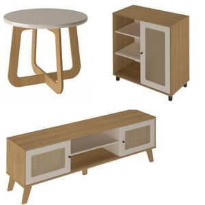 Sala De Estar Completa Até 75" C/ Rack Mesa De Centro E Buffet Charlotte Artely Off White/carvalho