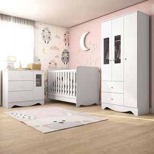 Quarto De Bebê Completo c/ Guarda Roupa E Cômoda c/ Janelas E Berço 3 Em 1 Ben Peroba Branco Brilho