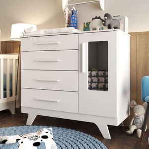 Cômoda Infantil 1 Porta Com Janela 4 Gavetas Retrô Móveis Peroba Branco Brilho