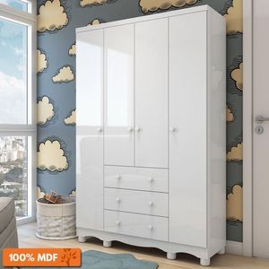 Guarda Roupa Infantil 4 Portas 3 Gavetas Junior New Móveis Peroba Branco Brilho