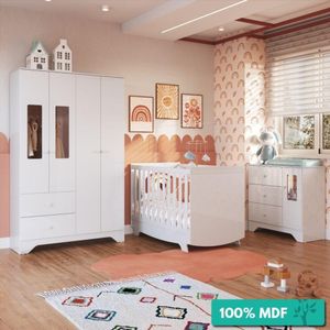 Quarto Bebê Completo Roupeiro Cômoda Ben C/janela Berço Americano Peroba Branco Br Branco Brilho