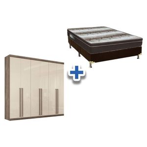 Cama Box Casal + Colchão Light Ortobom + Guarda Roupa Imaginare 6.4 Castanha/Off White