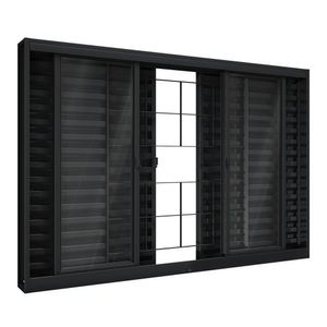 Janela De Aço Veneziana De Correr Central Com Grade Quadrada 6 Folhas 100x200cm Aço Pronto Riobras Preto