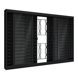 Janela De Aço Veneziana De Correr Central Com Grade Mosaico 6 Folhas 120x150cm Aço Pronto Riobras Preto