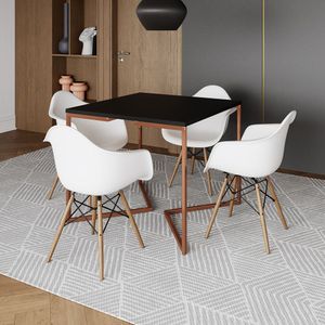 Mesa Industrial Jantar Preta Quadrada 90Cm Base Cobre V Com 4 Poltronas Brancas Madeira Preto