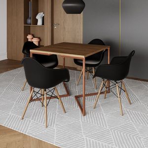 Mesa Industrial Jantar Amêndoa Quadrada 90Cm Base Cobre V Com 4 Poltronas Pretas Madeir Amendoa
