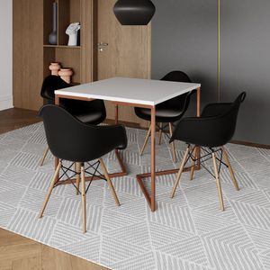 Mesa Industrial Jantar Branca Quadrada 90Cm Base Cobre V Com 4 Poltronas Pretas Madeira Branco