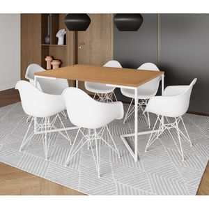 Mesa Industrial Jantar Canela 137X90Cm Base V Com 6 Poltronas Brancas Ferro Branco Canela