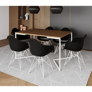 Mesa Industrial Jantar Amêndoa 137X90Cm Base V Com 6 Poltronas Pretas Ferro Branco Amendoa