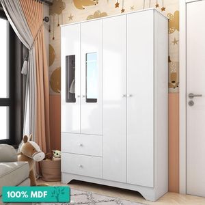 Guarda-Roupa Infantil 4 Portas Com Janelas E 2 Gavetas Ben Plus Móveis Peroba Branco Brilho