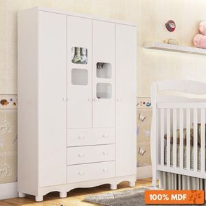Guarda Roupa Infantil 4 Portas Com Janelas 3 Gavetas 100% Mdf Uli New Móveis Peroba Branco Brilho