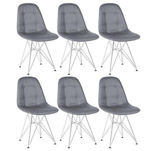 Kit 6 Cadeiras Estofadas Charles Eames Eiffel Botonê Com Pés De Metal Cromado Cinza Escuro