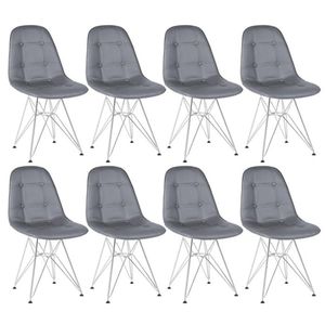 Kit 8 Cadeiras Estofadas Charles Eames Eiffel Botonê Com Pés De Metal Cromado Cinza Escuro