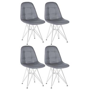 Kit 4 Cadeiras Estofadas Charles Eames Eiffel Botonê Com Pés De Metal Cromado Cinza Escuro