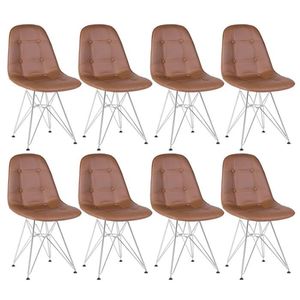 Kit 8 Cadeiras Estofadas Charles Eames Eiffel Botonê Com Pés De Metal Cromado Marrom Marrom