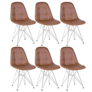 Kit 6 Cadeiras Estofadas Charles Eames Eiffel Botonê Com Pés De Metal Cromado Marrom Marrom