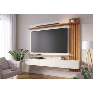 Painel Para Tv Até 70" 3 Portas Basculantes 2 Prateleiras Juriti Colibri Off White Matte/Freijó