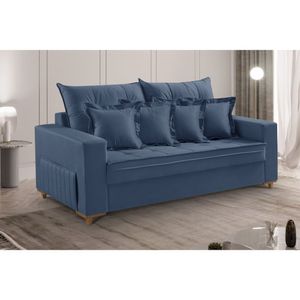 Sofá 3 Lugares Beny 200cm Com Almofadas E Pés De Madeira Azul
