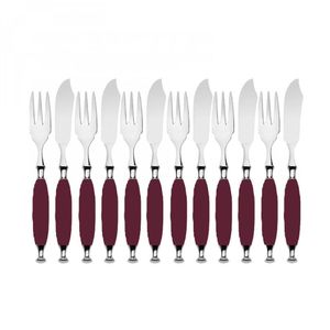 Kit Garfo E Faca Peixe Cozinha 12 Pçs Bordô Country Bugatti