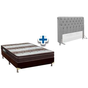 Cama Box Queen Crc + Colchão Ortopédico Ortobom + Cabeceira Imperatriz Suede Cinza
