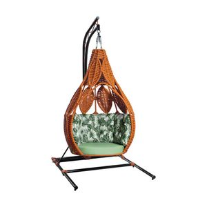 Ninho Em Aço E Corda Náutica Terracota Ratanabá Com Suporte E Almofada Estampa Folha Verde Laranja