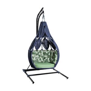 Ninho Em Aço E Corda Náutica Azul Ratanabá Com Suporte E Almofada Estampa Folha Verde - Cor: Azul