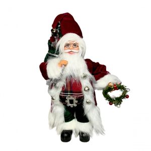 Papai Noel Em Pé Vermelho Veludo Com Blusa Xadrez 35cm