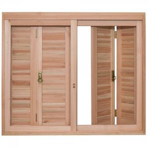 Janela com Veneziana Pantográfica e Caixilhos para Vidros Lisos de Correr 120x120cm Natural