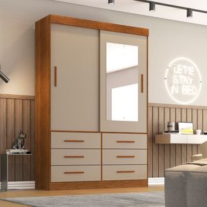 Guarda Roupa Solteiro Com Espelho 2 Portas 6 Gavetas Star Sallêto Móveis Cinamomo Com Off White