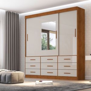 Guarda Roupa Casal Com Espelho 3 Portas 9 Gavetas New Star Sallêto Móveis Cinamomo Com Off White