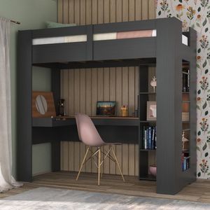Cama Alta Multifuncional Com Escrivaninha Penteadeira Grafite/Nogal