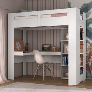 Cama Alta Multifuncional Com Escrivaninha Penteadeira Branco/Nogal