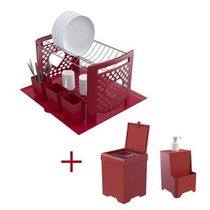 Kit Cozinha Escorredor Coração + Lixeira 5,4l + Dispenser Vermelho