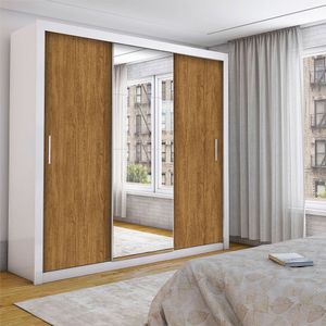 Guarda Roupa Casal Isabela Luxo Com Espelho 3 Portas De Correr 4 Gavetas Carioca Moveis Branco Com Freijó