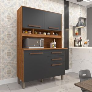 Armário Para Cozinha 4 Portas 2 Gavetas Sofia Plus Imop Móveis Cinamomo/Grafite