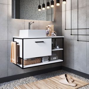 Gabinete Suspenso Para Banheiro 80Cm Com Cuba Placa E Ponto Preto/Branco