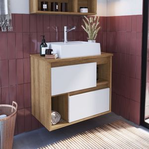 Gabinete Para Banheiro Suspenso 60Cm Com 2 Gavetas Lvp03 Versato Nova Móbile Mel/Branco