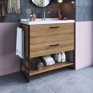 Gabinete Para Banheiro 80Cm Com Lavatório Placa E Ponto Preto/Mel