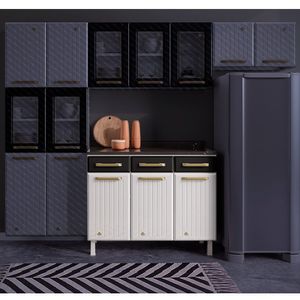 Balcão De Cozinha Com Tampo 3 Portas 3 Gavetas Diamante Telasul Branco/Preto