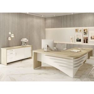 Conjunto Home Office Mesa Diretor Em L Com Balcão 2 Portas 3 Gavetas Artany Carvalho/Branco