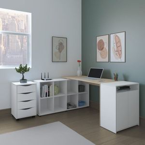 Conjunto Home Office Completo 1 Escrivaninha Em L 1 Balcão 2 Portas 1 Gaveteiro 4 Gavetas Artany Carvalho/Branco